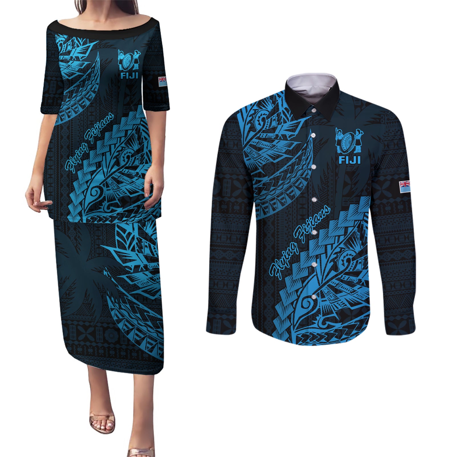 Custom Fiji Rugby Couples Matching Puletasi Dress and Long Sleeve Button Shirt Kaiviti Fijian Tribal World Cup Blue No2 LT9 Blue - Polynesian Pride