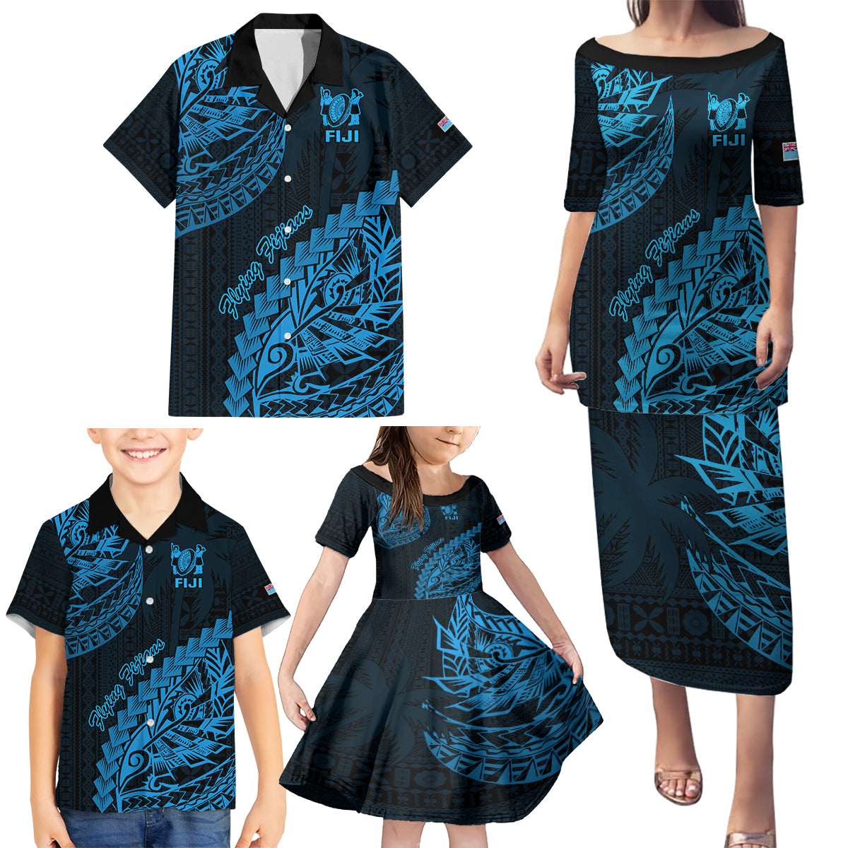 Custom Fiji Rugby Family Matching Puletasi Dress and Hawaiian Shirt Kaiviti Fijian Tribal World Cup Blue No2 LT9 - Polynesian Pride