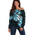 Plumeria Tribal Tattoo Off Shoulder Sweater Blue Polynesian Pattern