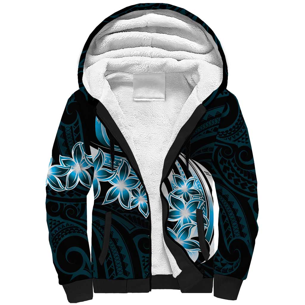 Plumeria Tribal Tattoo Sherpa Hoodie Blue Polynesian Pattern LT9 Unisex Blue - Polynesian Pride
