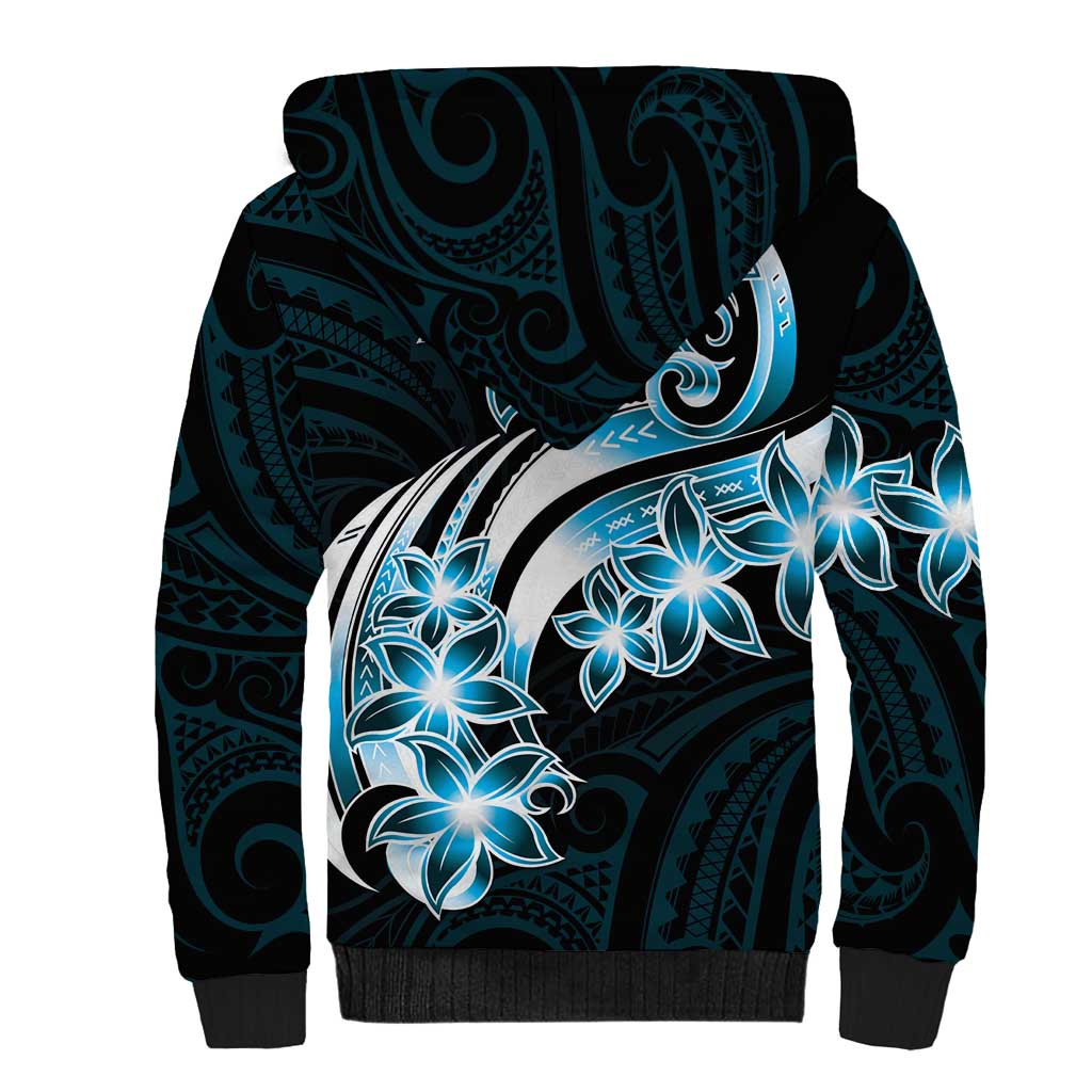 Plumeria Tribal Tattoo Sherpa Hoodie Blue Polynesian Pattern LT9 - Polynesian Pride