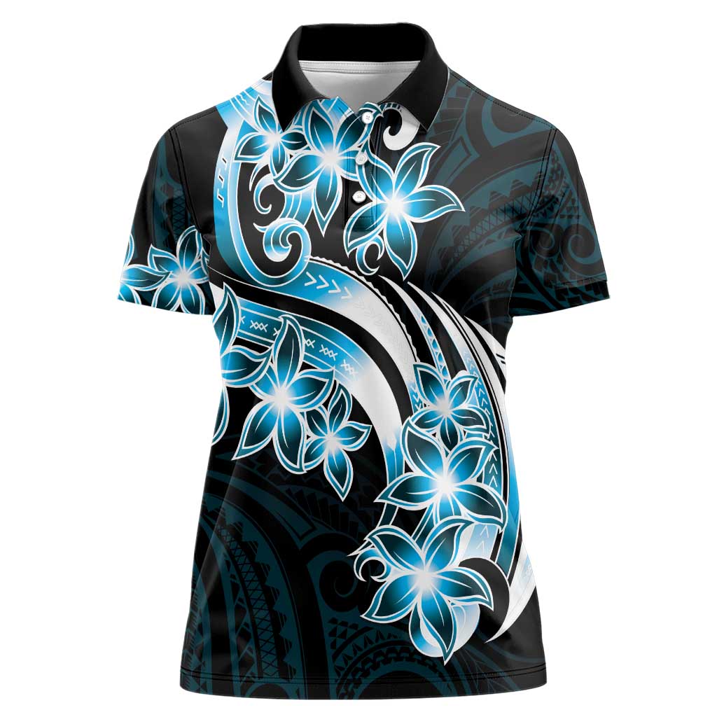 Plumeria Tribal Tattoo Women Polo Shirt Blue Polynesian Pattern LT9 Female Blue - Polynesian Pride