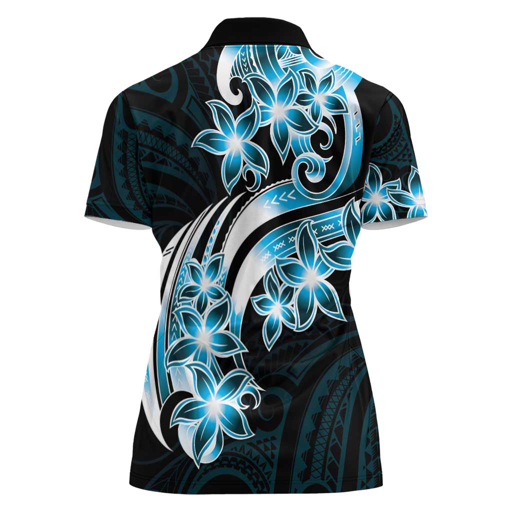 Plumeria Tribal Tattoo Women Polo Shirt Blue Polynesian Pattern LT9 - Polynesian Pride