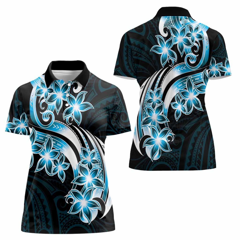 Plumeria Tribal Tattoo Women Polo Shirt Blue Polynesian Pattern LT9 - Polynesian Pride
