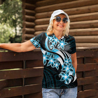 Plumeria Tribal Tattoo Women Polo Shirt Blue Polynesian Pattern LT9 - Polynesian Pride