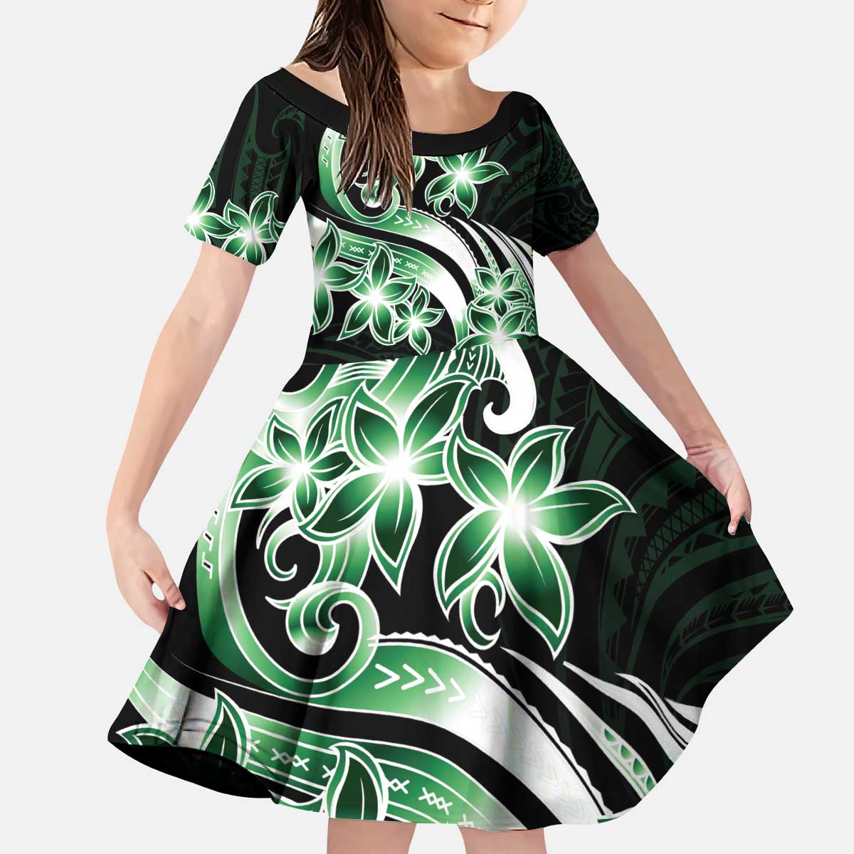 Plumeria Tribal Tattoo Kid Short Sleeve Dress Green Polynesian Pattern LT9 KID Green - Polynesian Pride