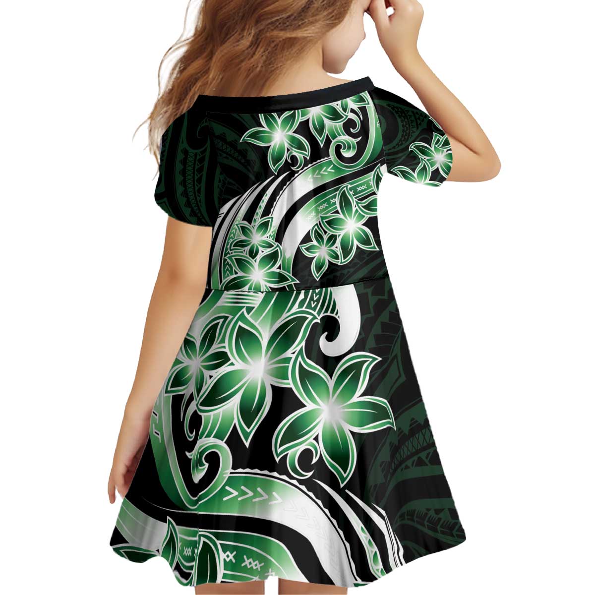 Plumeria Tribal Tattoo Kid Short Sleeve Dress Green Polynesian Pattern LT9 - Polynesian Pride