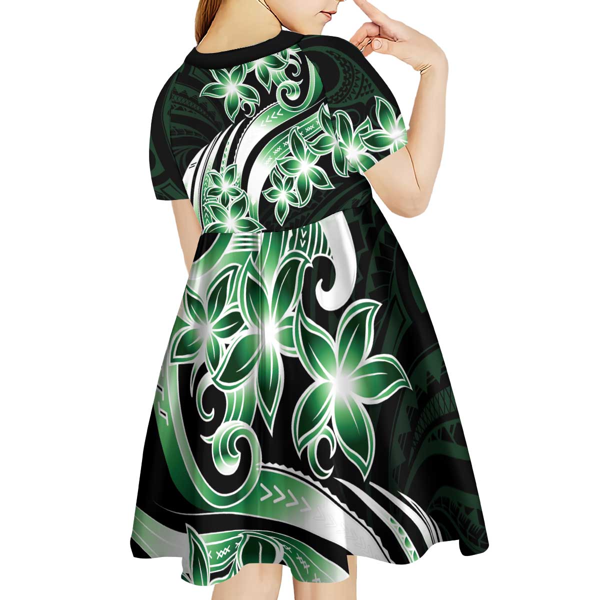 Plumeria Tribal Tattoo Kid Short Sleeve Dress Green Polynesian Pattern LT9 - Polynesian Pride