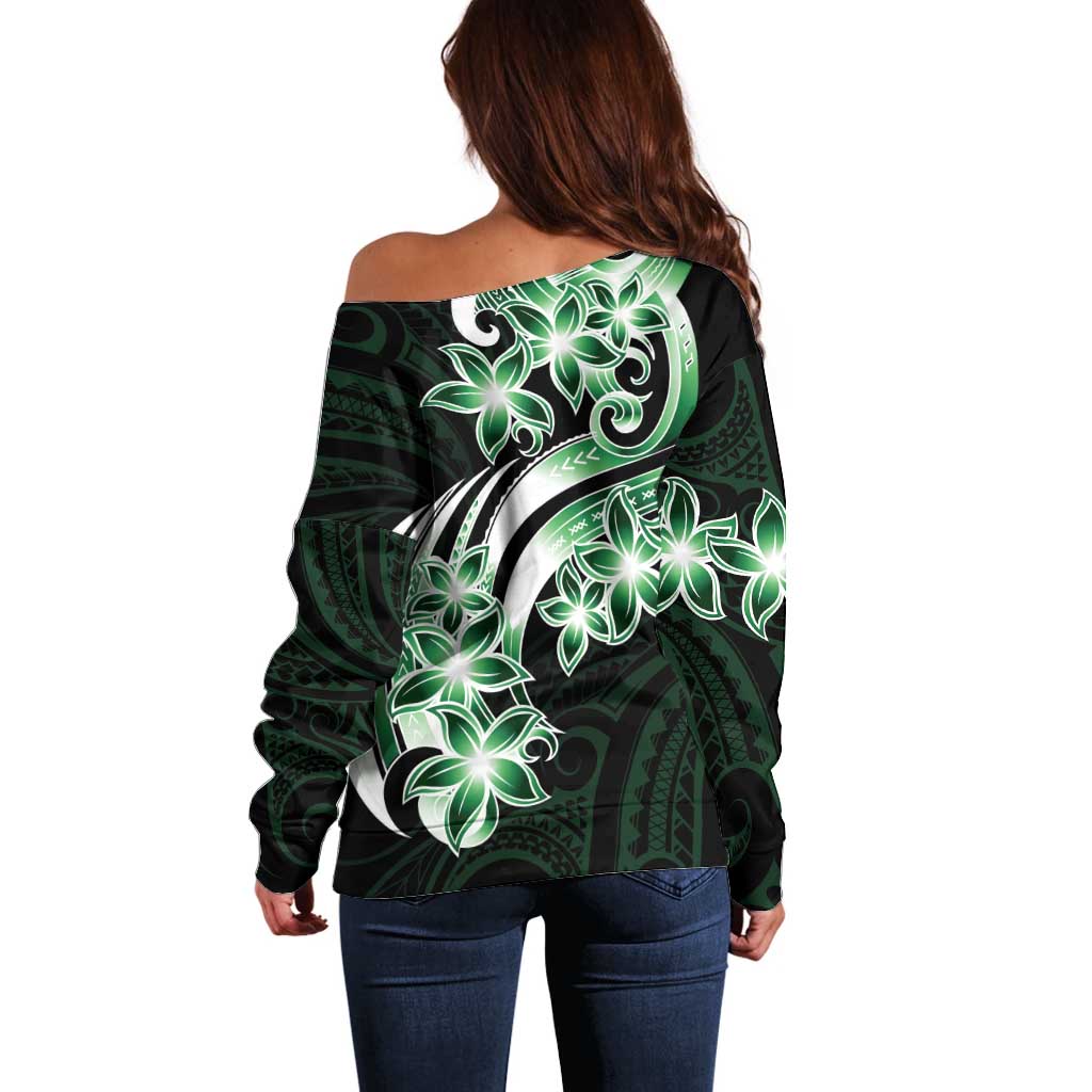 Plumeria Tribal Tattoo Off Shoulder Sweater Green Polynesian Pattern LT9 - Polynesian Pride