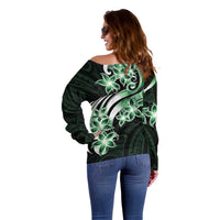 Plumeria Tribal Tattoo Off Shoulder Sweater Green Polynesian Pattern LT9 - Polynesian Pride