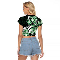 Plumeria Tribal Tattoo Raglan Cropped T Shirt Green Polynesian Pattern LT9 - Polynesian Pride