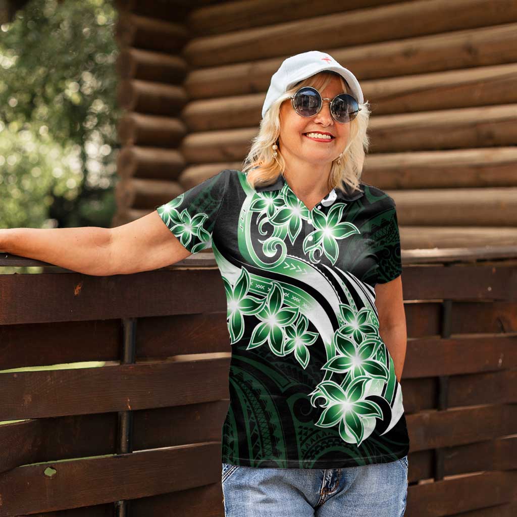 Plumeria Tribal Tattoo Women Polo Shirt Green Polynesian Pattern LT9 - Polynesian Pride