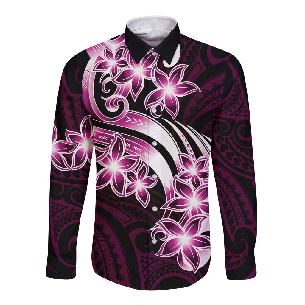 Plumeria Tribal Tattoo Long Sleeve Button Shirt Pink Polynesian Pattern LT9 Unisex Pink - Polynesian Pride