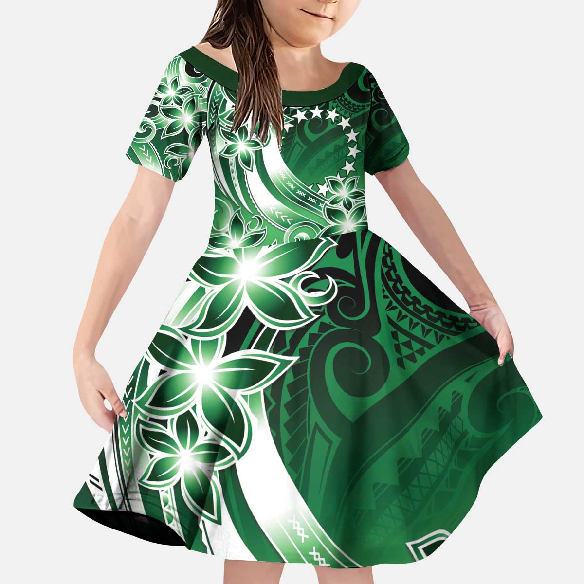 Cook Islands Tattoo Kid Short Sleeve Dress Plumeria Polynesian Pattern LT9 KID Green - Polynesian Pride