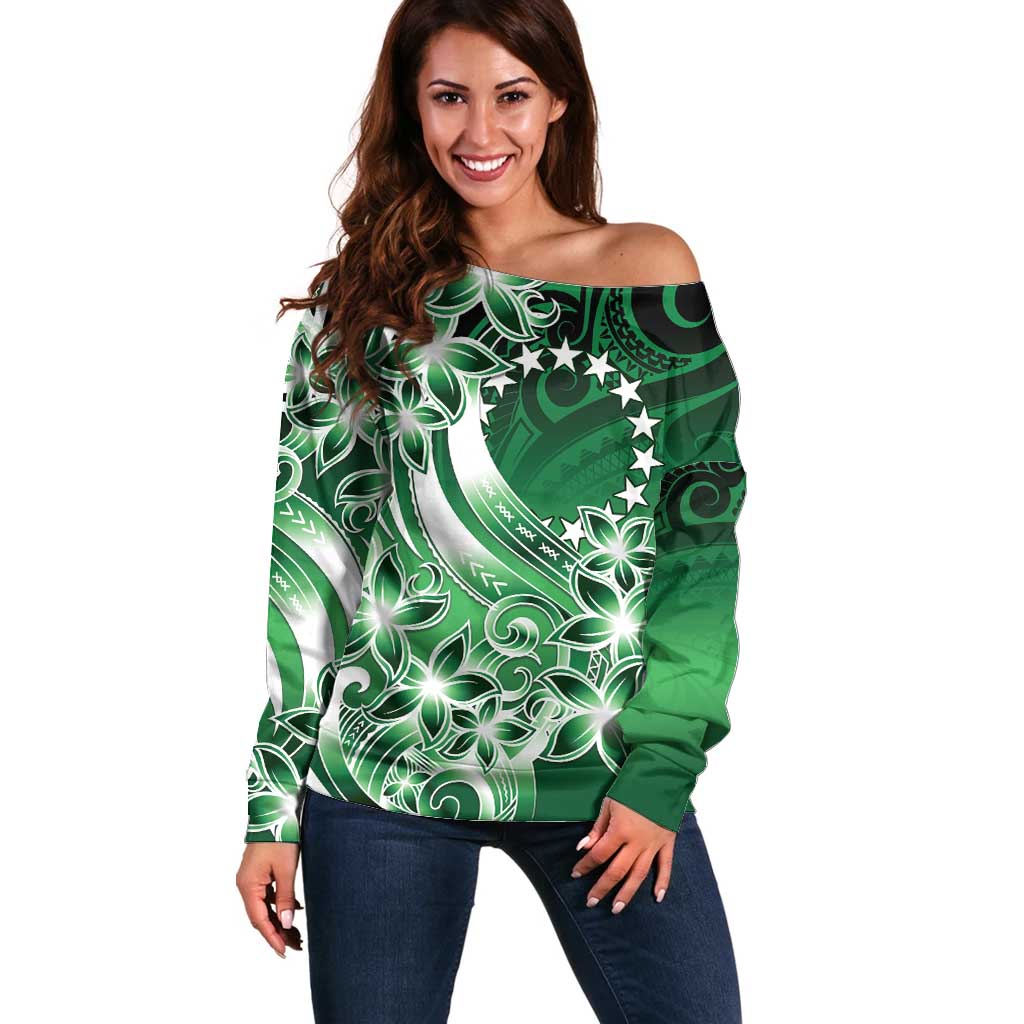 Cook Islands Tattoo Off Shoulder Sweater Plumeria Polynesian Pattern LT9 Women Green - Polynesian Pride