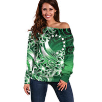 Cook Islands Tattoo Off Shoulder Sweater Plumeria Polynesian Pattern LT9 Women Green - Polynesian Pride