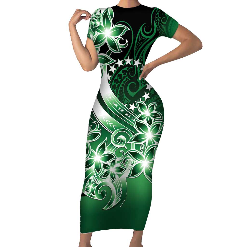 Cook Islands Tattoo Short Sleeve Bodycon Dress Plumeria Polynesian Pattern LT9 Long Dress Green - Polynesian Pride