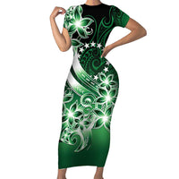 Cook Islands Tattoo Short Sleeve Bodycon Dress Plumeria Polynesian Pattern LT9 Long Dress Green - Polynesian Pride
