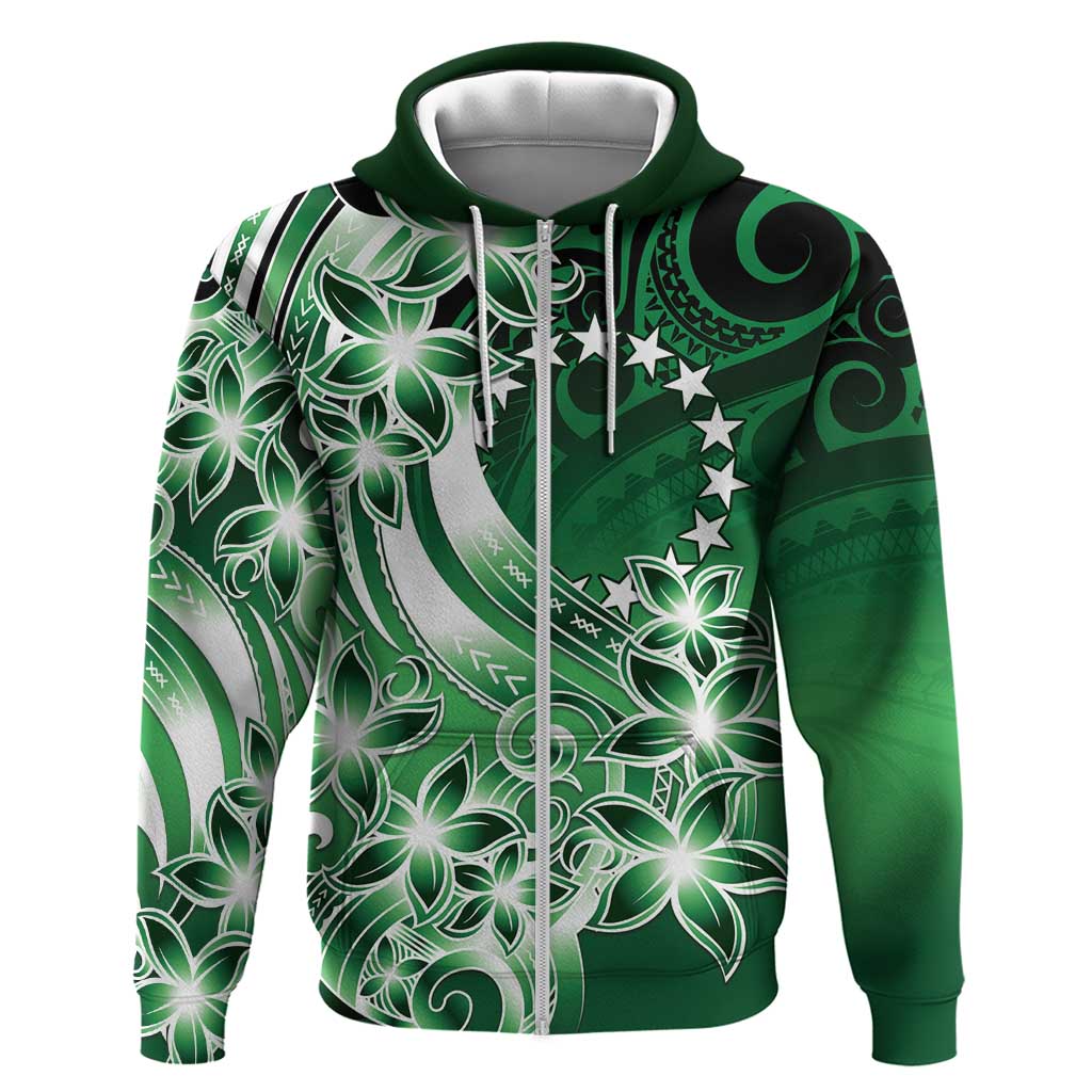 Cook Islands Tattoo Zip Hoodie Plumeria Polynesian Pattern LT9 Zip Hoodie Green - Polynesian Pride