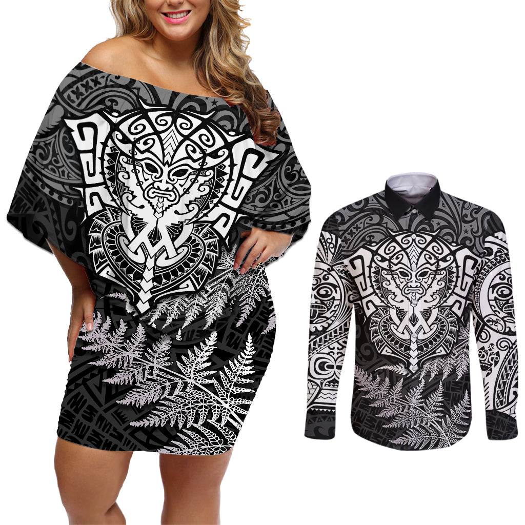 Personalised New Zealand Rugby Couples Matching Off Shoulder Short Dress and Long Sleeve Button Shirts Silver Fern All Black Mix Ta Moko White Style LT9 White - Polynesian Pride