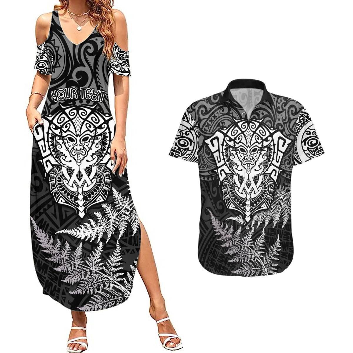 Personalised New Zealand Rugby Couples Matching Summer Maxi Dress and Hawaiian Shirt Silver Fern All Black Mix Ta Moko White Style LT9 White - Polynesian Pride