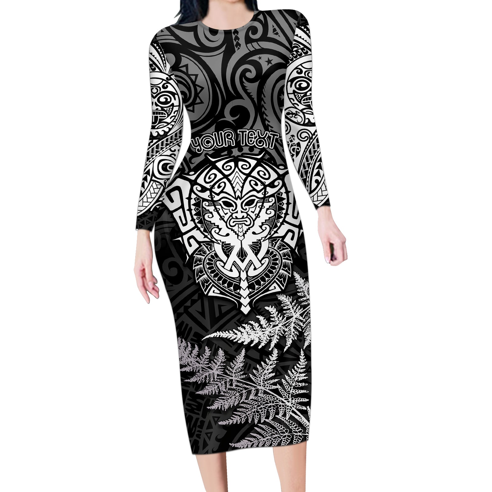 Personalised New Zealand Rugby Long Sleeve Bodycon Dress Silver Fern All Black Mix Ta Moko White Style LT9 Long Dress White - Polynesian Pride