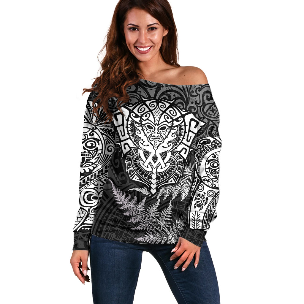 Personalised New Zealand Rugby Off Shoulder Sweater Silver Fern All Black Mix Ta Moko White Style LT9 Women White - Polynesian Pride