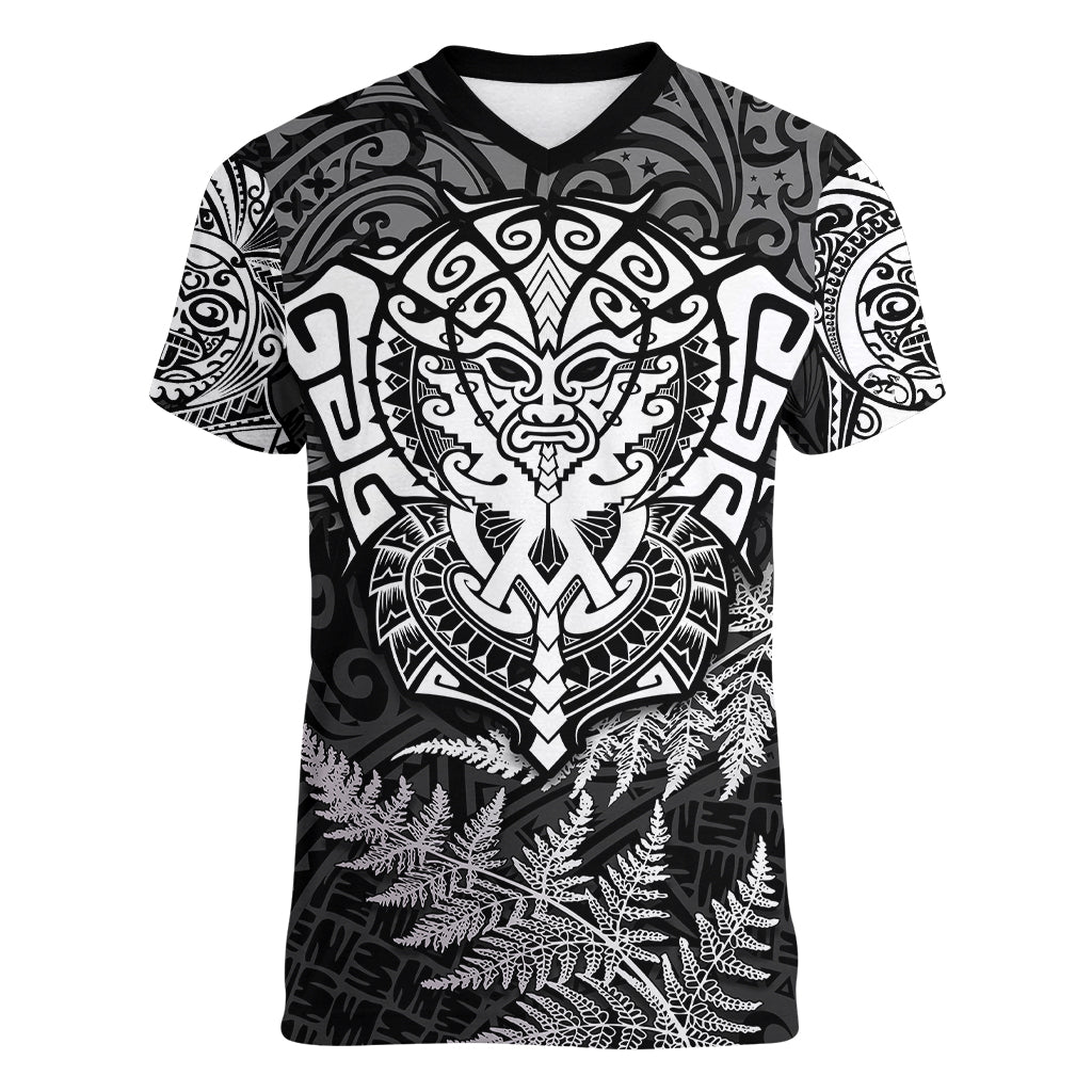 Personalised New Zealand Rugby Women V Neck T Shirt Silver Fern All Black Mix Ta Moko White Style LT9 Female White - Polynesian Pride