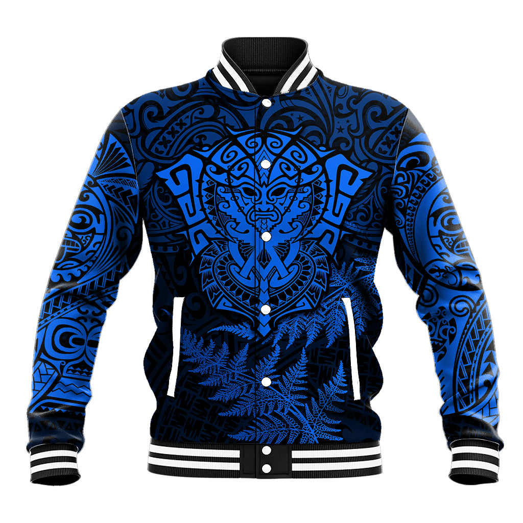 Personalised New Zealand Rugby Baseball Jacket Silver Fern All Black Mix Ta Moko Blue Style LT9 Unisex Blue - Polynesian Pride