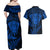 Personalised New Zealand Rugby Couples Matching Off Shoulder Maxi Dress and Hawaiian Shirt Silver Fern All Black Mix Ta Moko Blue Style LT9 - Polynesian Pride