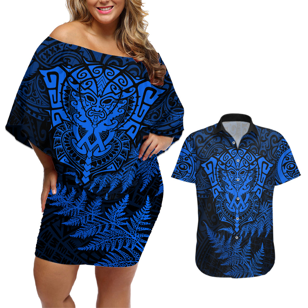 Personalised New Zealand Rugby Couples Matching Off Shoulder Short Dress and Hawaiian Shirt Silver Fern All Black Mix Ta Moko Blue Style LT9 Blue - Polynesian Pride