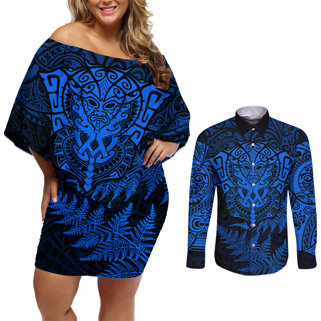 Personalised New Zealand Rugby Couples Matching Off Shoulder Short Dress and Long Sleeve Button Shirts Silver Fern All Black Mix Ta Moko Blue Style LT9 Blue - Polynesian Pride