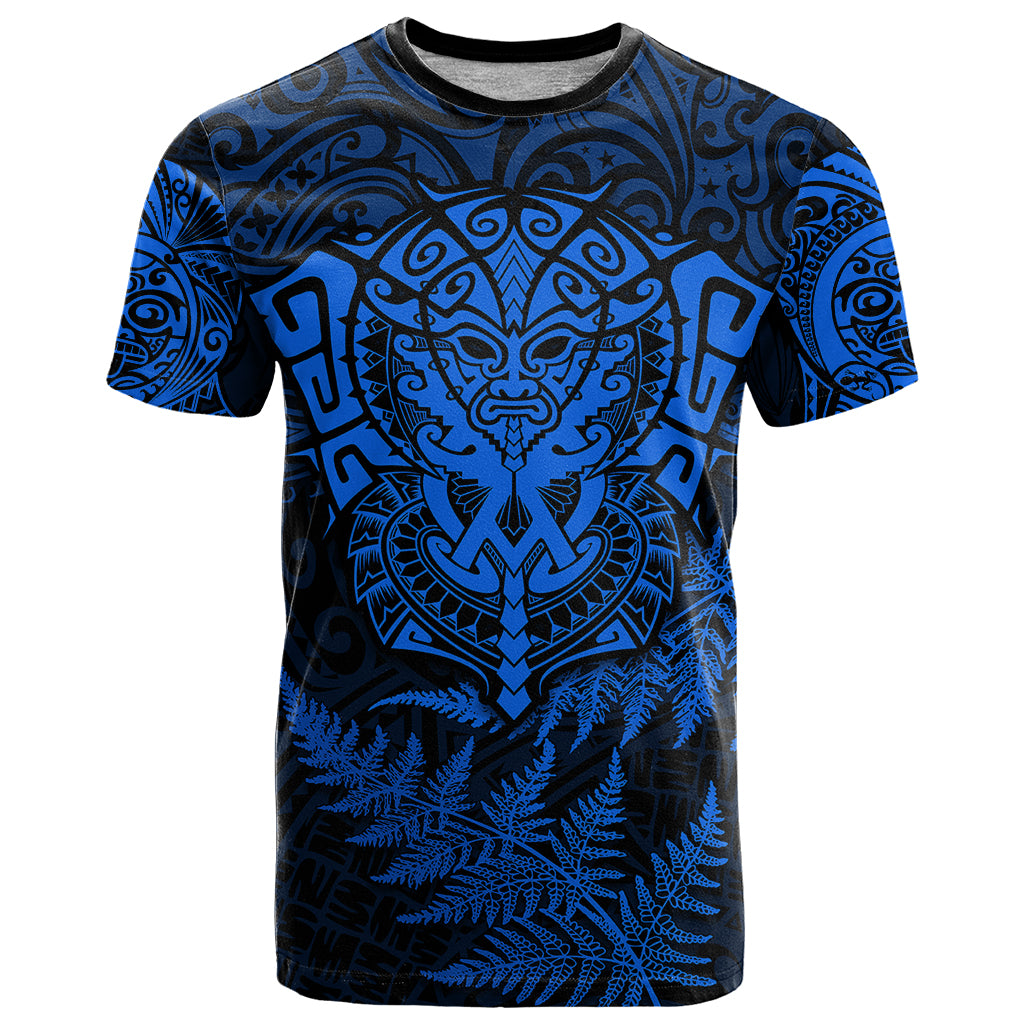 Personalised New Zealand Rugby T Shirt Silver Fern All Black Mix Ta Moko Blue Style LT9 Blue - Polynesian Pride