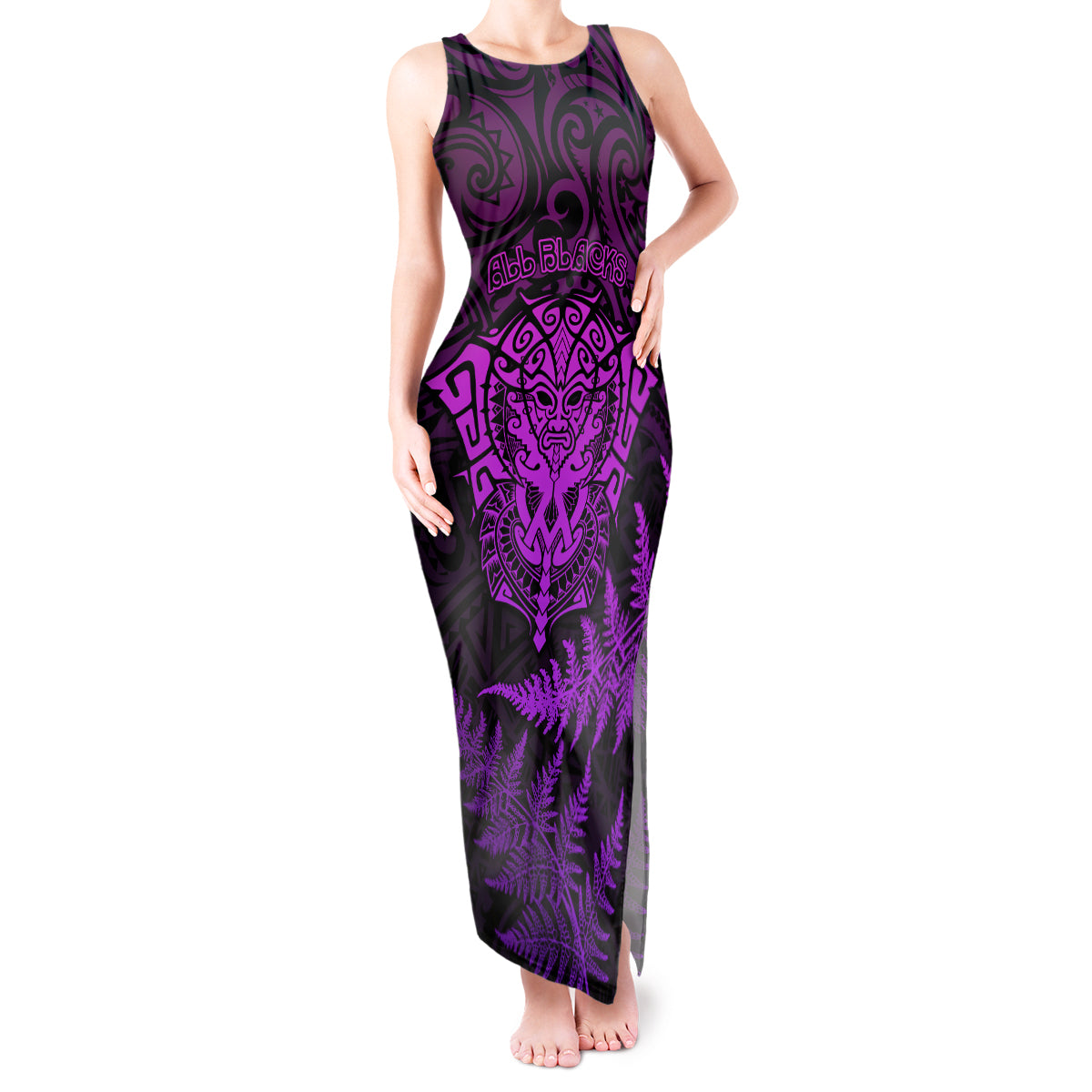 New Zealand Rugby Tank Maxi Dress Silver Fern All Black Mix Ta Moko Purple Style LT9 Women Purple - Polynesian Pride