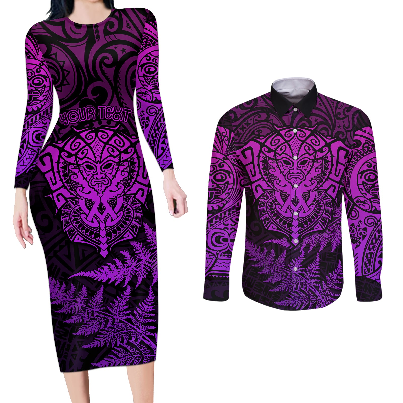 Personalised New Zealand Rugby Couples Matching Long Sleeve Bodycon Dress and Long Sleeve Button Shirts Silver Fern All Black Mix Ta Moko Purple Style LT9 Purple - Polynesian Pride