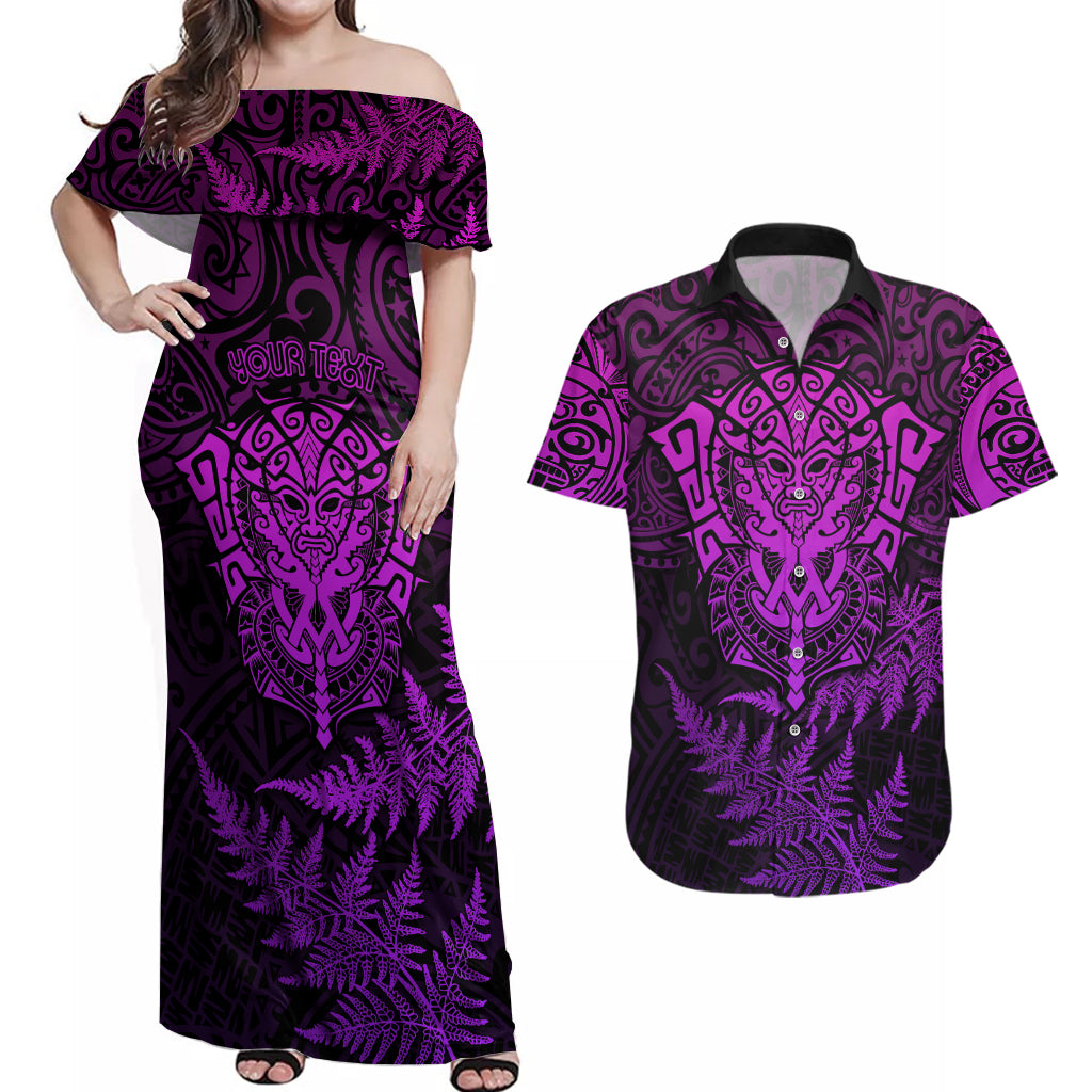 Personalised New Zealand Rugby Couples Matching Off Shoulder Maxi Dress and Hawaiian Shirt Silver Fern All Black Mix Ta Moko Purple Style LT9 Purple - Polynesian Pride