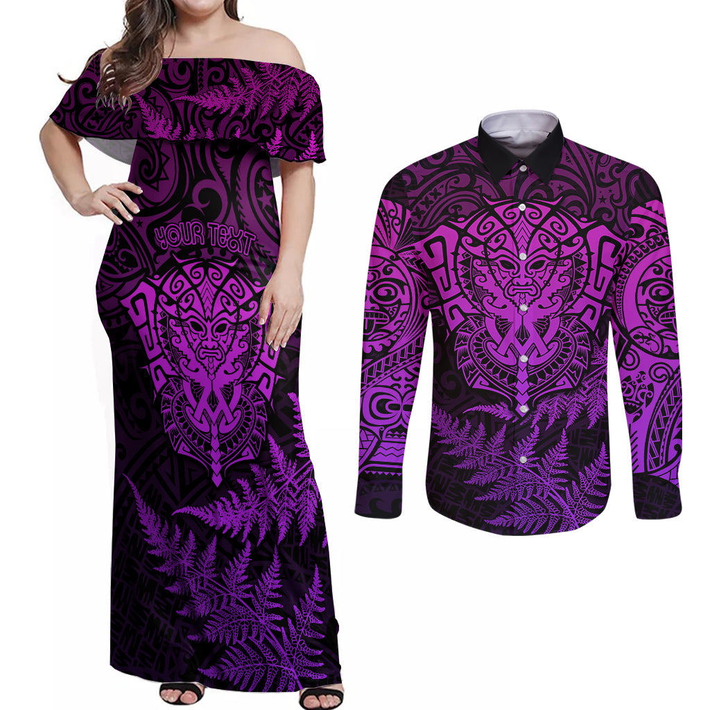 Personalised New Zealand Rugby Couples Matching Off Shoulder Maxi Dress and Long Sleeve Button Shirts Silver Fern All Black Mix Ta Moko Purple Style LT9 Purple - Polynesian Pride