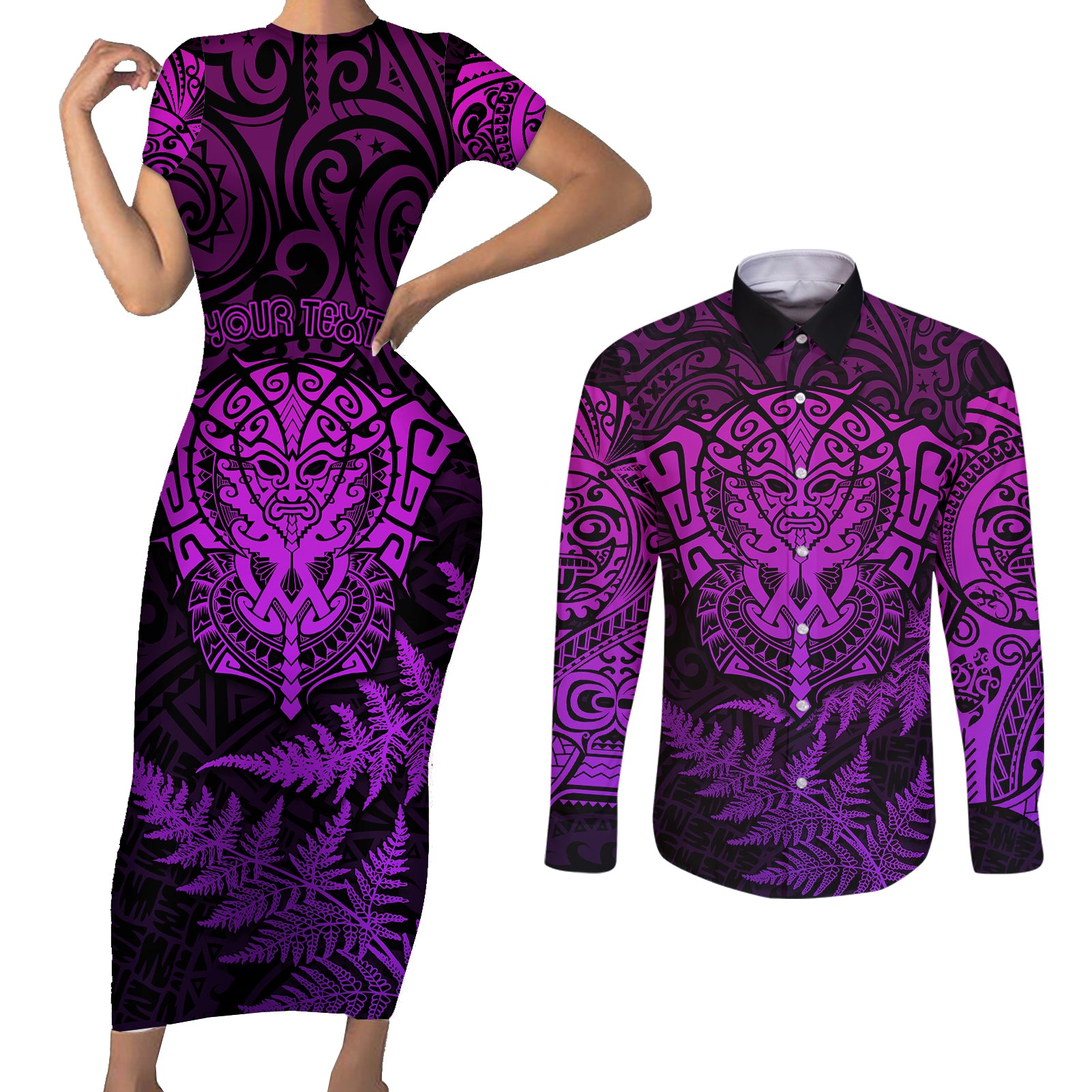 Personalised New Zealand Rugby Couples Matching Short Sleeve Bodycon Dress and Long Sleeve Button Shirts Silver Fern All Black Mix Ta Moko Purple Style LT9 Purple - Polynesian Pride