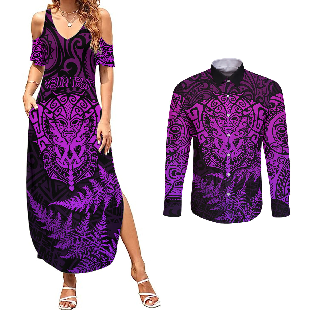 Personalised New Zealand Rugby Couples Matching Summer Maxi Dress and Long Sleeve Button Shirts Silver Fern All Black Mix Ta Moko Purple Style LT9 Purple - Polynesian Pride