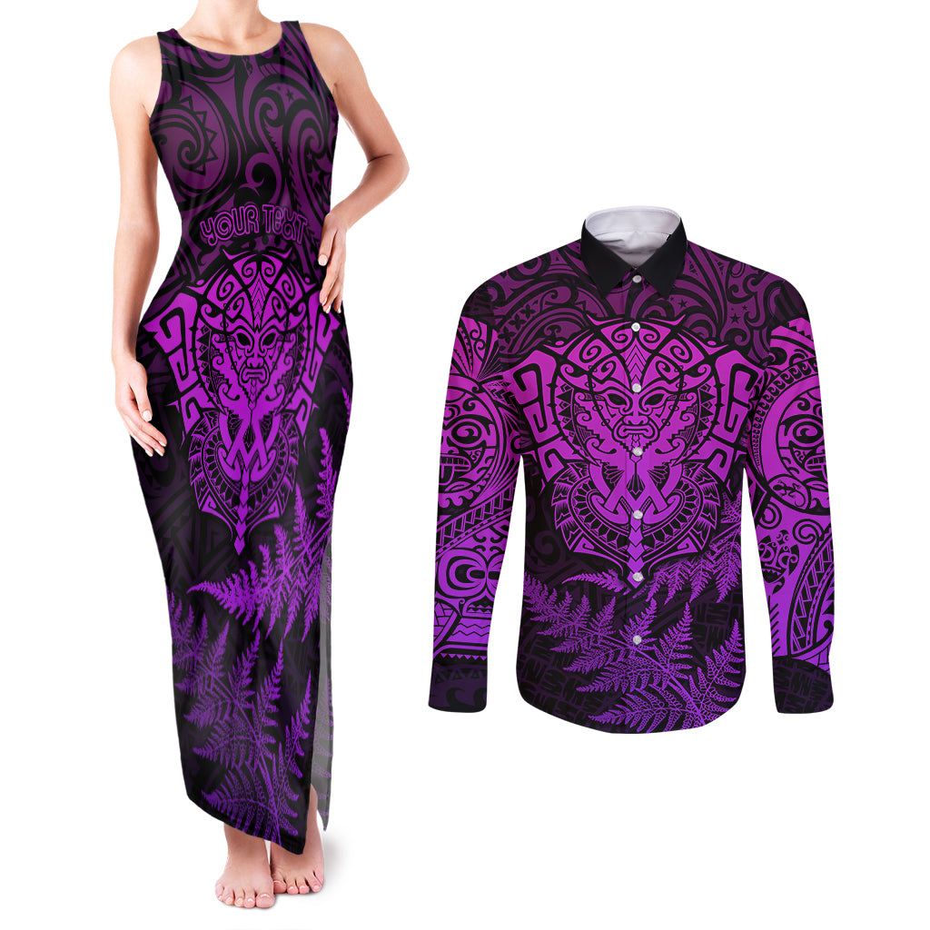 Personalised New Zealand Rugby Couples Matching Tank Maxi Dress and Long Sleeve Button Shirts Silver Fern All Black Mix Ta Moko Purple Style LT9 Purple - Polynesian Pride