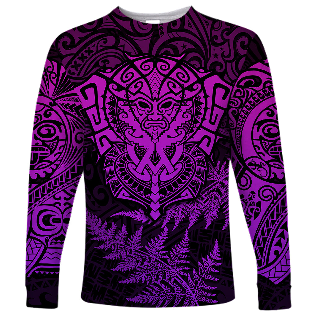 Personalised New Zealand Rugby Long Sleeve Shirt Silver Fern All Black Mix Ta Moko Purple Style LT9 Unisex Purple - Polynesian Pride