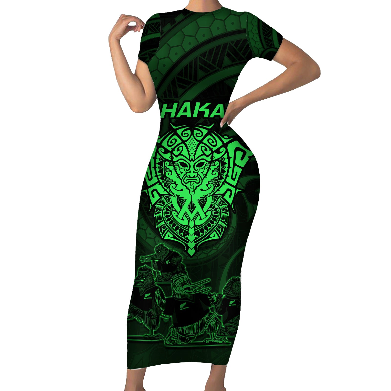 Personalised New Zealand Rugby Short Sleeve Bodycon Dress Aotearoa Ka Mate Haka All Black Mix Ta Moko Green Style LT9 Long Dress Green - Polynesian Pride