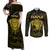 Personalised New Zealand Rugby Couples Matching Off Shoulder Maxi Dress and Long Sleeve Button Shirts Aotearoa Ka Mate Haka All Black Mix Ta Moko Gold Style LT9 Gold - Polynesian Pride