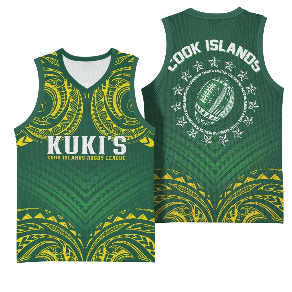World Rugby Cook Islands Basketball Jersey Green Polynesian Tribal Pattern LT9 - Polynesian Pride