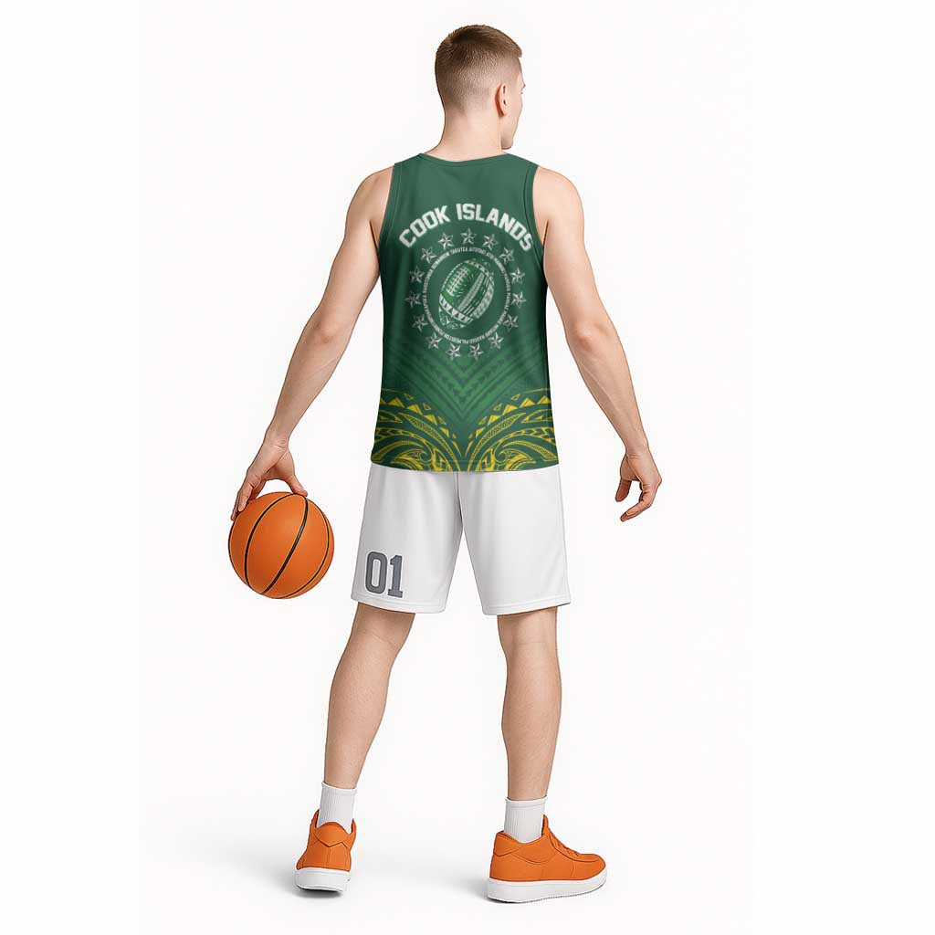 World Rugby Cook Islands Basketball Jersey Green Polynesian Tribal Pattern LT9 - Polynesian Pride