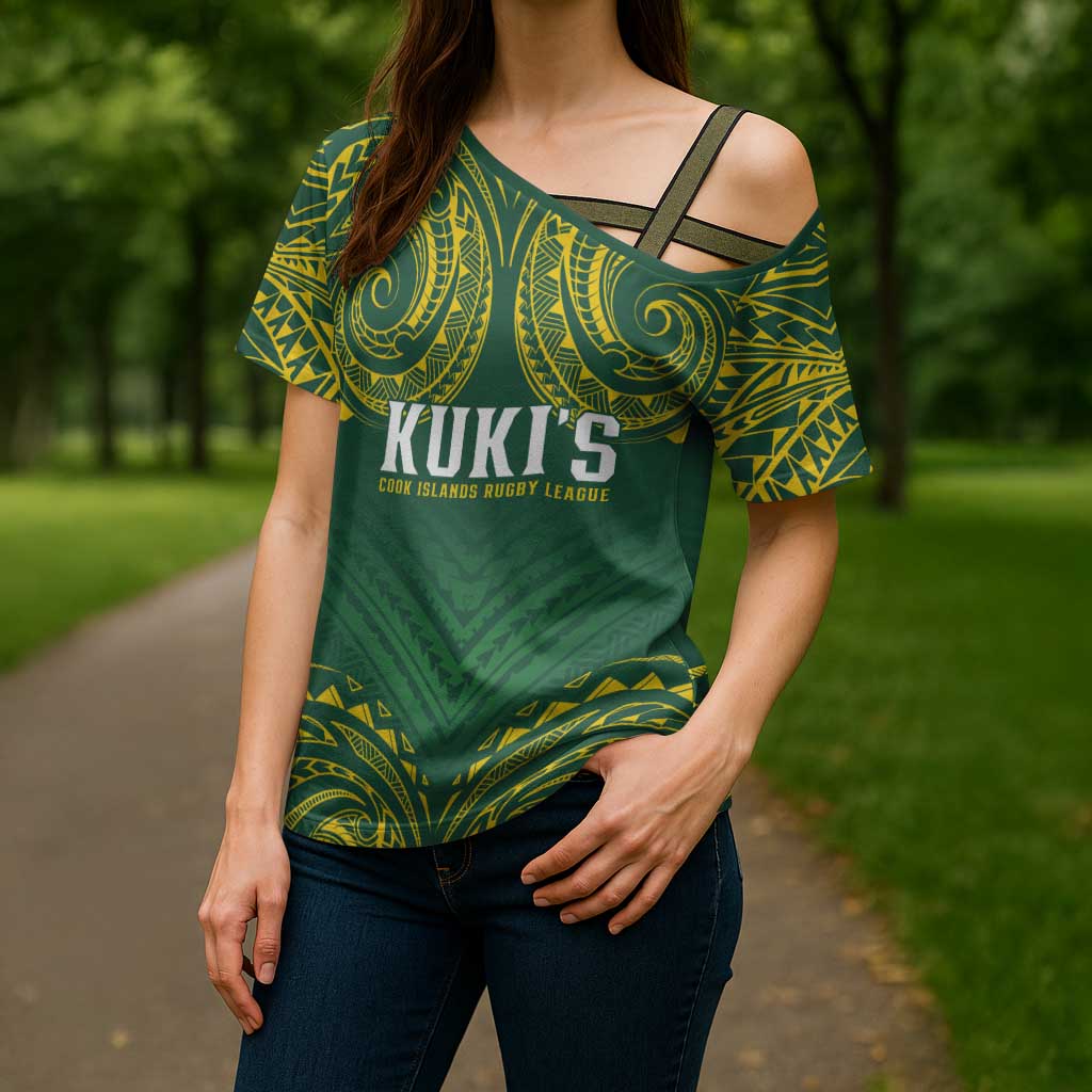 World Rugby Cook Islands Cross Shoulder Shirt Green Polynesian Tribal Pattern LT9 - Polynesian Pride