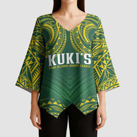 World Rugby Cook Islands Kimono Sleeve Blouse Green Polynesian Tribal Pattern LT9 - Polynesian Pride