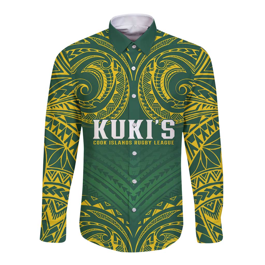 World Rugby Cook Islands Long Sleeve Button Shirt Green Polynesian Tribal Pattern LT9 Unisex Green - Polynesian Pride