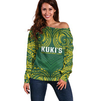 World Rugby Cook Islands Off Shoulder Sweater Green Polynesian Tribal Pattern LT9 Women Green - Polynesian Pride