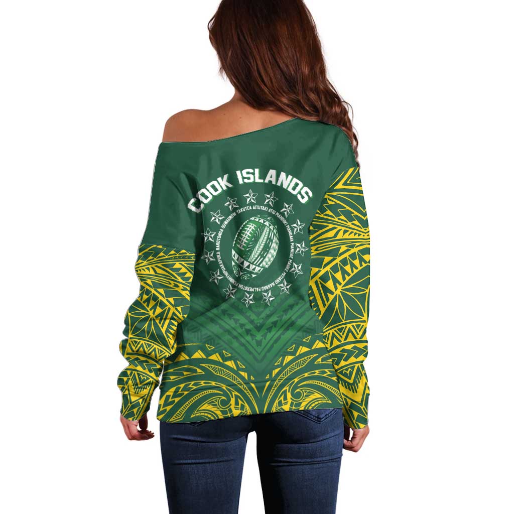 World Rugby Cook Islands Off Shoulder Sweater Green Polynesian Tribal Pattern LT9 - Polynesian Pride